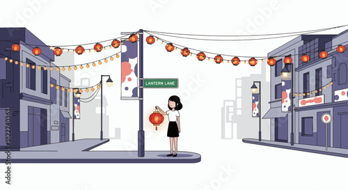 Woman Decorating Chinatown Street with Lanterns for Chinese New Year Celebration.