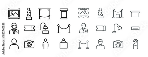 Museum icon set: art, visitors, tickets, security, exhibits