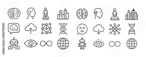 Artificial intelligence and technology icons set with brain and robot illustrations