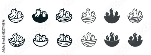 Set of bird nest icons with baby chicks in various styles