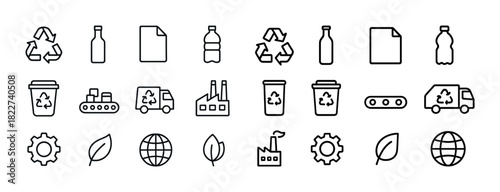 Recycling and sustainability icons: bottles, bins, factories, leaves, globes