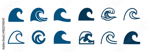 Collection of blue wave icons featuring various artistic styles