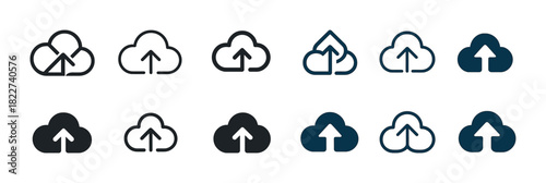 Cloud upload icons set: diverse styles of arrow inside cloud symbols