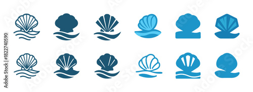 Collection of blue seashell icons with waves in various styles