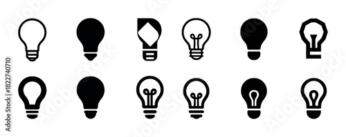 Collection of twelve graphic light bulb icons in diverse styles