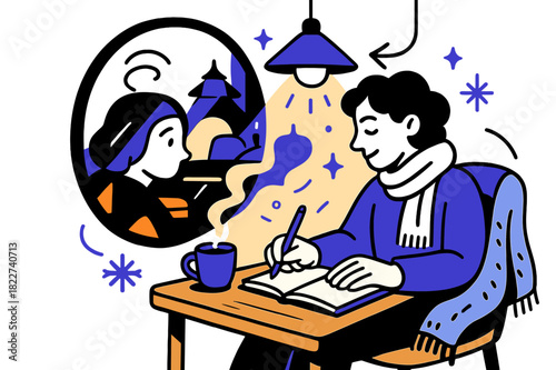 Cozy Cafe Creativity. Cafe reflection. Person writing in notebook, surrounded by soft cafe lighting, warm