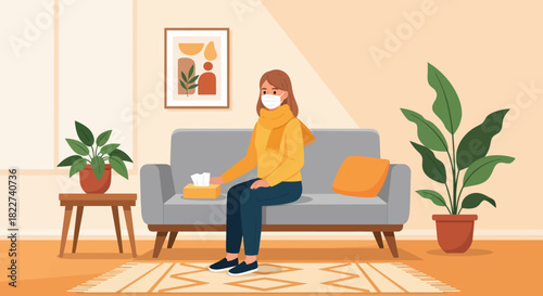 Woman in Medical Mask Sitting on Sofa at Home Feeling Unwell.