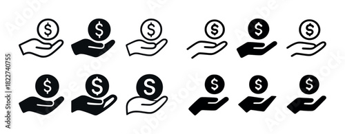Set of hand and dollar coin icons in various styles and formats
