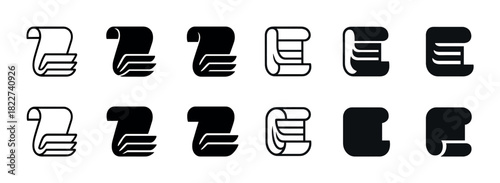 Set of twelve scroll and document icons in different styles