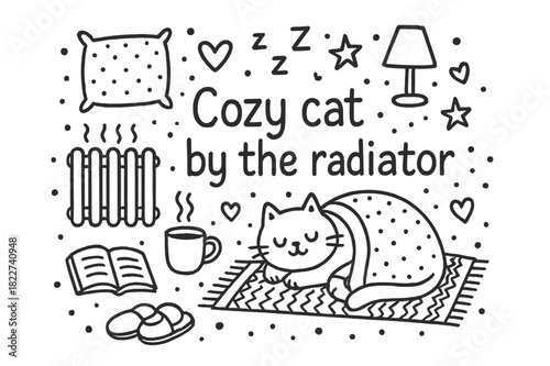 Cozy Cat Doodle. Cozy cat by the radiator. Hand-drawn doodle illustration of Cozy cat by the radiator. cat,
