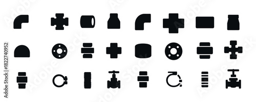 Silhouette icons of plumbing pipe connectors and valves