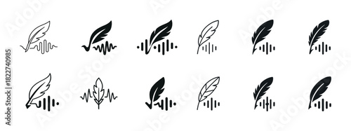 Elegant feather and sound wave icons in black and white set