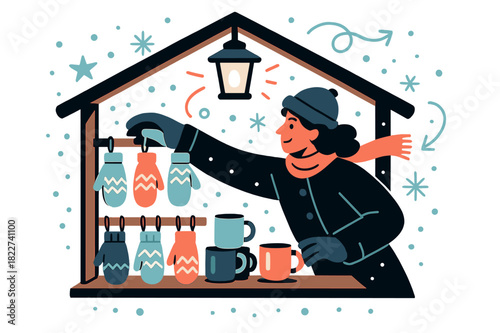 Cozy Craft Market. Craft stall. A vendor arranging hand-knit mittens and ceramic mugs on a wooden stand under