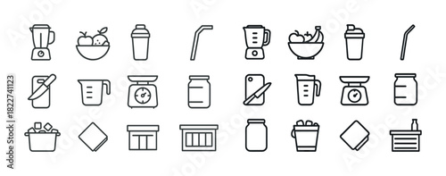 Kitchen utensils and appliances line icons set: blenders, scales, jars, containers