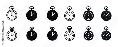 Set of twelve minimalist stopwatch and clock icons in black and white