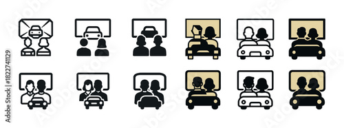 Icon set: diverse car cinema experiences with people in front of screens