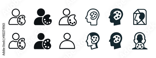 Icon set of human silhouettes with artist palette and thought symbols