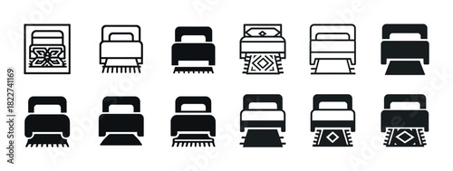 Set of twelve black and white bed icons with various blanket patterns