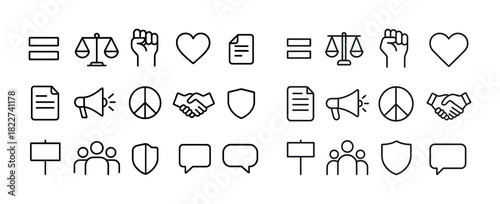 Collection of minimalist outline icons for communication and social justice