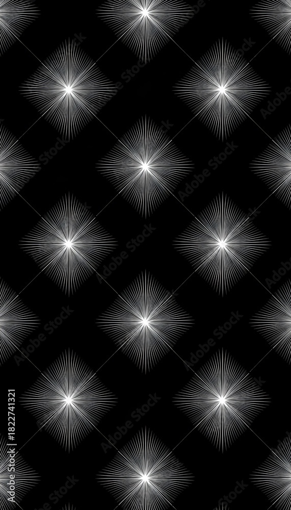 Obraz premium Stylish black and white pattern featuring star-like shapes with radiant lines on a dark background