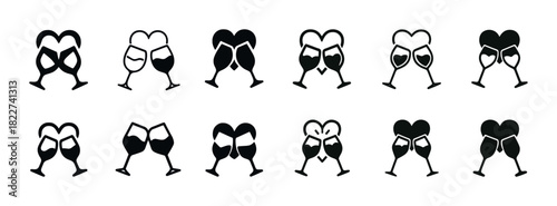 Black and white wine glass heart icons for love and celebration