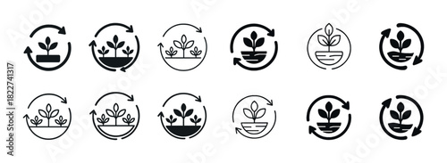 Set of eco-friendly plant growth icons with arrows for sustainability themes