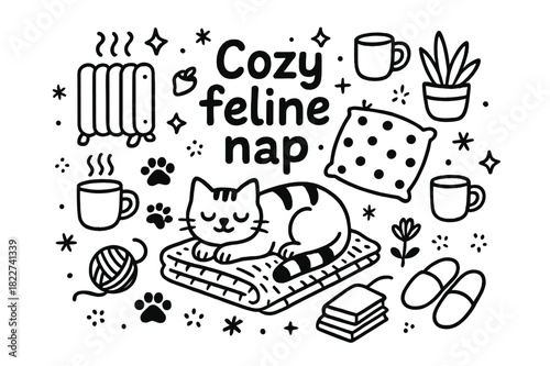 Cozy Feline Nap. Cozy feline nap. Hand-drawn doodle illustration of cozy feline nap. Cat, heater, blanket,
