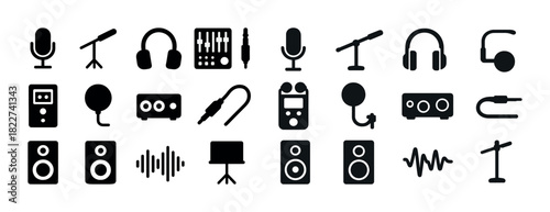Audio equipment icons set: microphone, headphones, mixer, speaker, cable