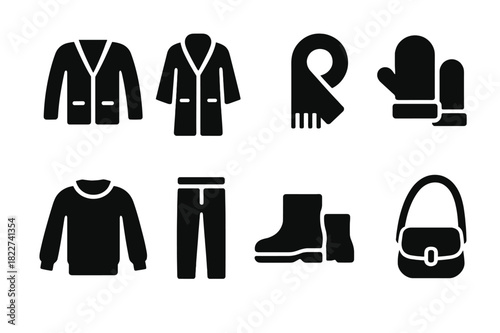 Cozy Fashion Icons. Cozy fashion. Filled icon set of cozy fashion: cardigan, long coat, scarf, mittens,