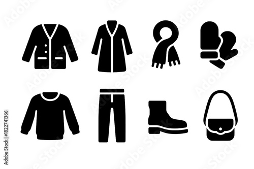 Cozy Fashion Icons. Cozy fashion. Filled icon set of cozy fashion: cardigan, long coat, scarf, mittens,