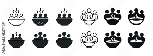 Collection of hot soup and people icons in black and white