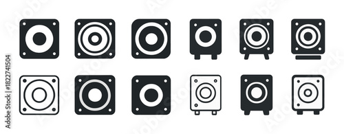 Set of eleven black speaker icons in various designs