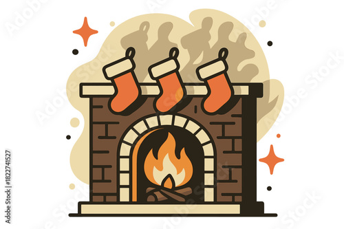Cozy Fireplace Stockings. Fireplace with Stockings. A cozy fireplace glowing warmly, three stockings hanging