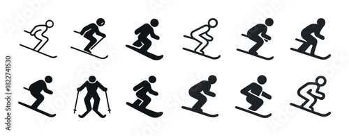 Silhouette icons of skiers and snowboarders in various poses