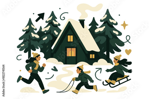 Cozy Forest Cabin. Cozy forest cabin. A-frame cabin among tall pine trees, soft snow covering branches, warm