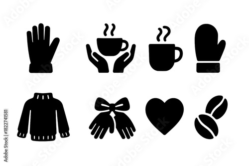 Cozy Hands Icons. Cozy hands. Filled icon set of cozy hands: stylish glove, coffee cup, steaming mug, mitten,