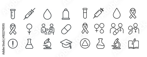 Medical and health icons: vaccine, microscope, education, gender, awareness