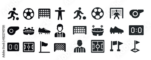 Collection of soccer icon silhouettes featuring players, ball, goal, whistle, and field elements