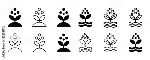 Set of black and white plant icons illustrating growth and nature themes