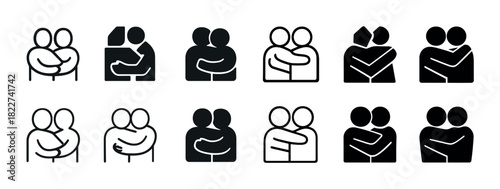 Variety of embrace icon illustrations in black and white set