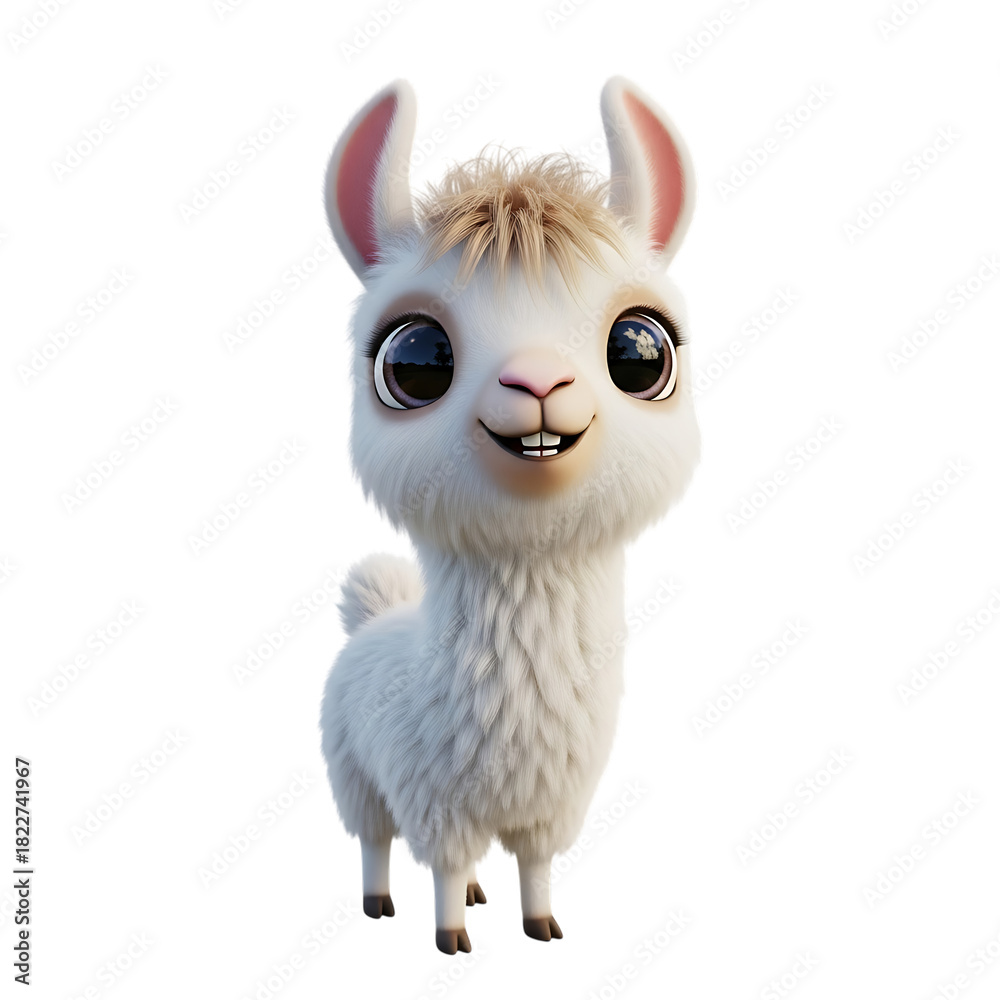Obraz premium cartoon fluffy white llama, big expressive eyes and pink ears, isolated on a white or transparent background, cutout, PNG