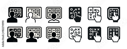 Strategy planning icons: tactical game and coaching symbols collection