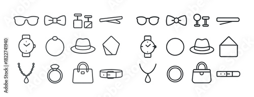 Set of fashion accessories icons: watches, sunglasses, bags, jewelry, hats