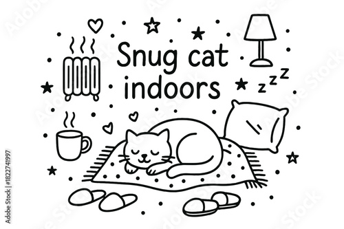 Cozy Indoor Cat. Snug cat indoors. Hand-drawn doodle illustration of Snug cat indoors. curled cat, heater,
