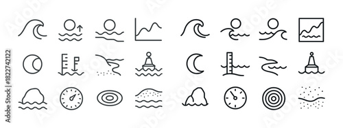 Minimalist ocean and maritime icons set featuring waves buoys and tidal indicators