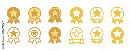 Gold star medal icons collection with ribbons and wreaths