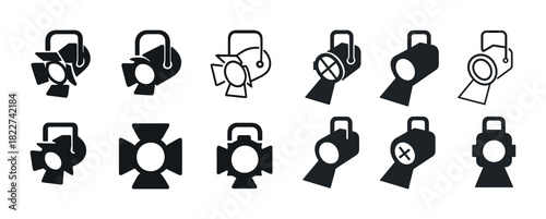 Set of theater stage light icons in black and white