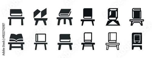 Minimalist black icons of books on stands in various designs