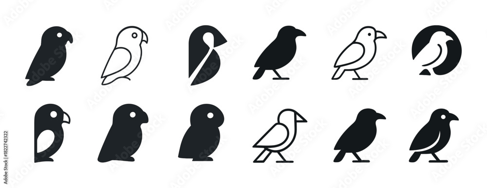 Fototapeta premium Minimalist bird icons collection: parrot, raven, owl, sparrow designs