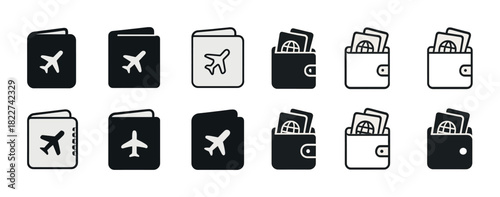 Set of travel icons: passport and wallet with airplane symbols